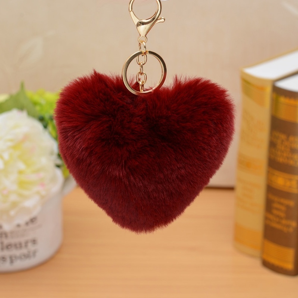 FAUX FUR KEY CHAIN BAG ACCESSORY MAROON HEART GOLD Big Size